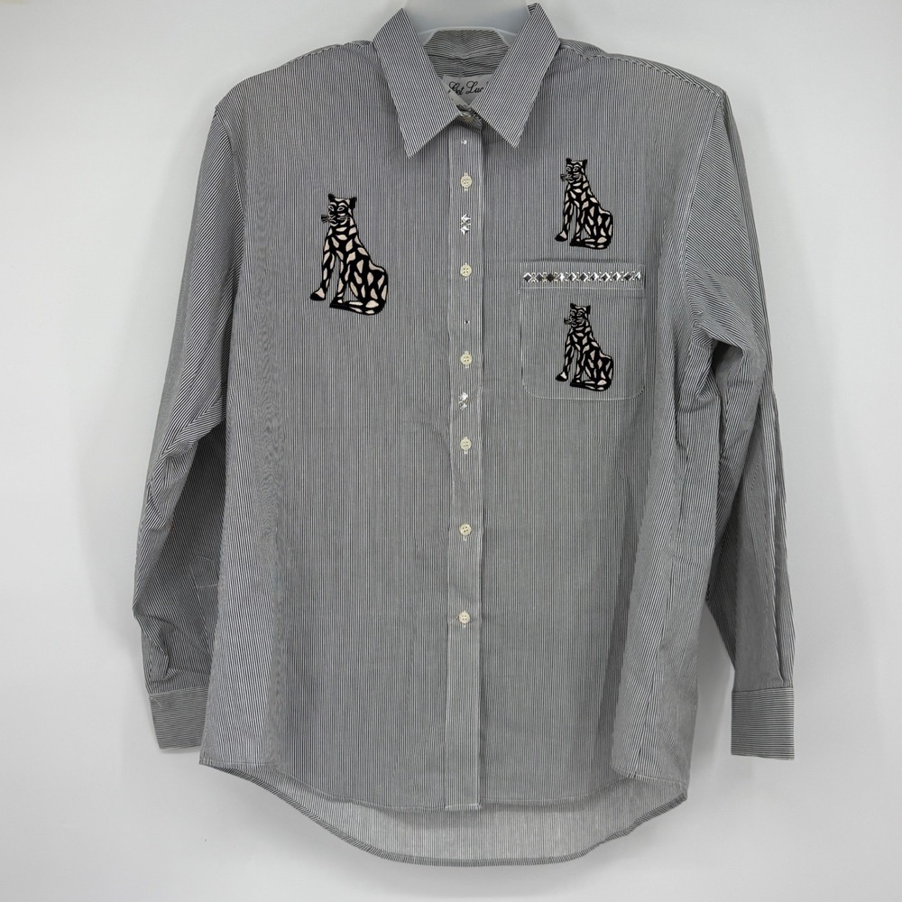Get Lucky Leopard Appliqué Striped Button Down Shirt XL Vintage Cat Novelty
